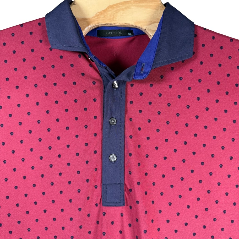 Greyson AOP Skull Print Performance Golf Polo Shirt Men XL Red Navy Athletic Top - Picture 1 of 9